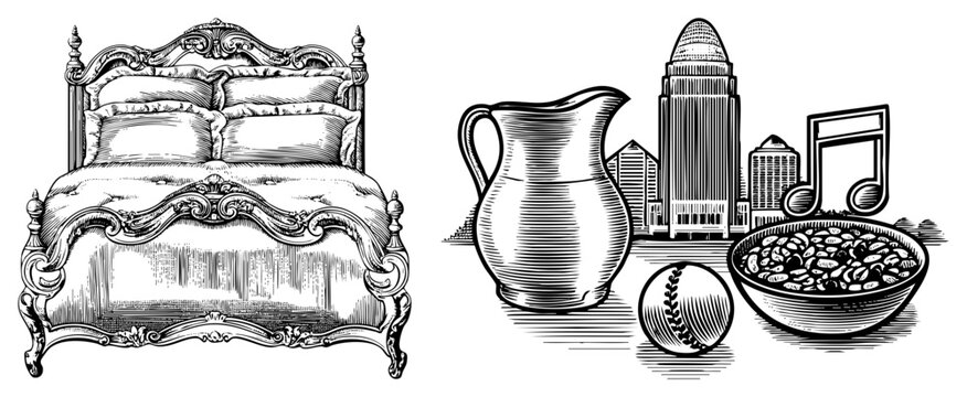 Vintage bed with carved headboard, pillows, and blanket, paired with pitcher, baseball, beans, music note, and city classic vector illustration with halftone shading.
