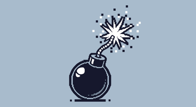 Classic black cartoon bomb with a burning lit fuse and pixelated sparks is shown as a simple vector icon on a grey background.