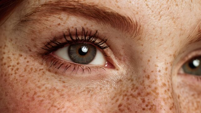 Close up of a womans eye with freckles and mascara.