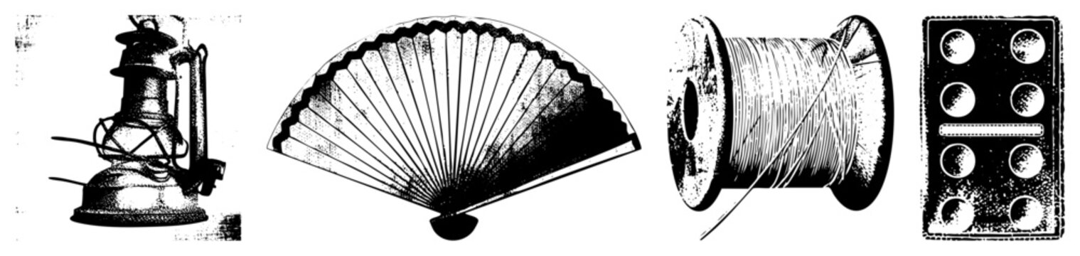Classic oil lamp, antique folding fan, textile thread spool, vintage button vector for design, illustration, or print projects.