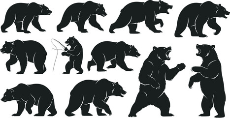 Obraz premium Bear Silhouette Icon Set with Walking Standing Roaring and Fishing Wildlife Animal Pose Collection for Nature Conservation Logos Outdoor Branding and Graphic Design Projects