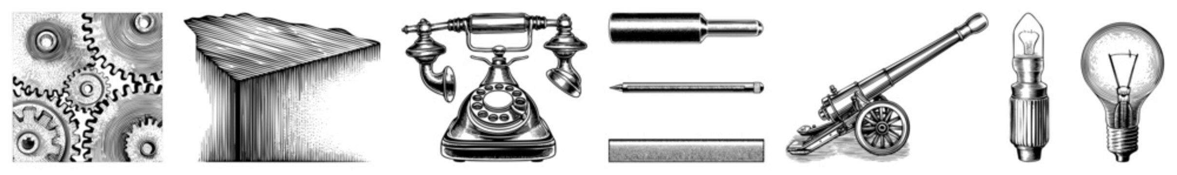 Classic rotary phone, antique cannon, old fashioned lightbulb, pencil, rolling pin, and gear wheels nostalgic tech artifacts, isolated vector illustrations.