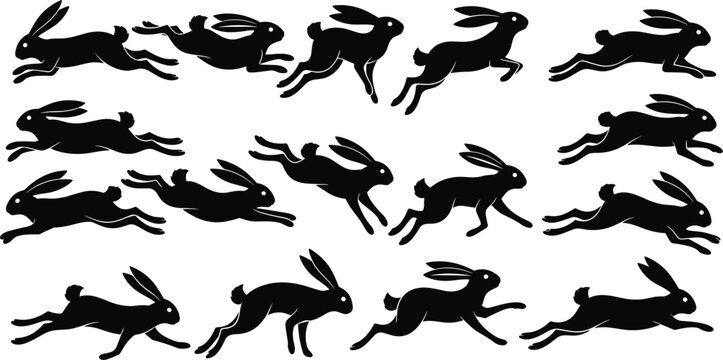 Running Rabbit Silhouette Icon Set with Jumping Hare Wildlife Action Poses Collection for Nature Education Logos Animation Reference and Graphic Design Projects