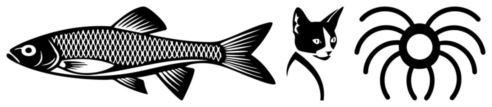 Stylized fish with scale, cat head silhouette, spider glyph design, vector art, graphic symbols, flat.