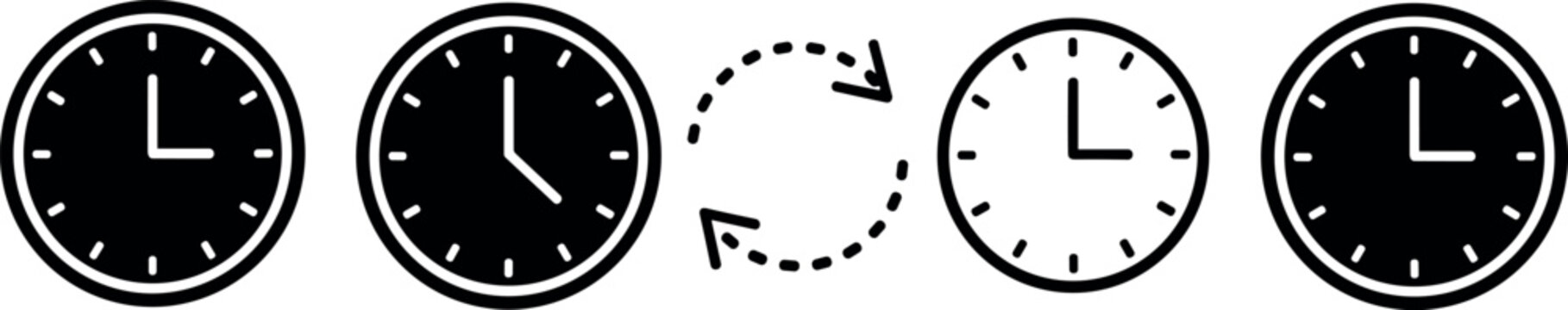  Analog clock sequence vector illustration with rotation arrows, black and white artwork symbolizing time, transformation, and logical pattern themes