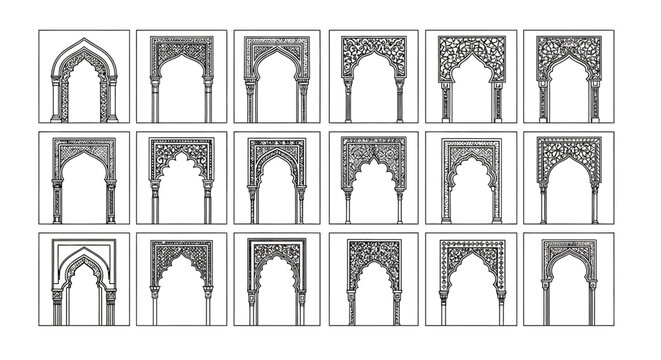 Collection of Ornate Islamic Arches, Decorative Architectural Elements, Vector Graphics