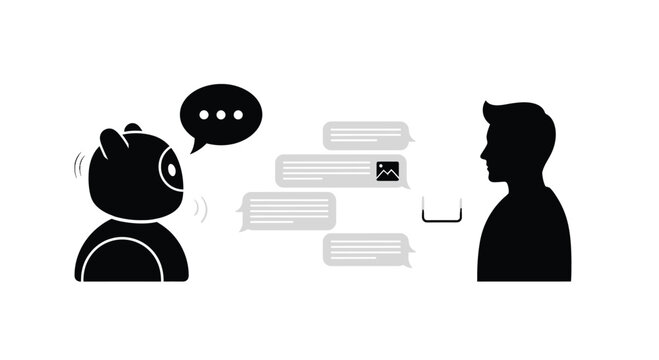 Chatbot, robot, human conversation, messaging, communication icons, black silhouette, vector graphics