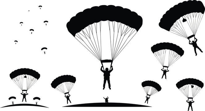 Parachute landing silhouettes set with skydivers descending, aerial sport action scenes, and parachuting figures isolated on white background