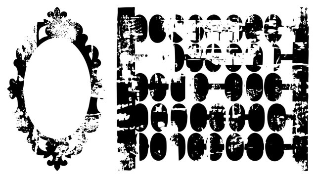 Decorative oval frame with fleur de lis motifs, distressed typographic letterforms, vintage design elements, graphic typography, black and white vector art.