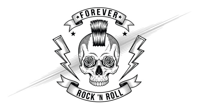 Vintage punk rock music emblem featuring a skull with a mohawk and roses in eyes surrounded by lightning bolts.