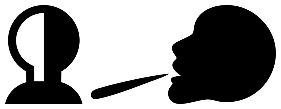 Minimalist black silhouette of person speaking to another, communication symbol, conversation, dialogue graphic, user interface element.