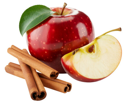 Red apple with green leaf and cinnamon sticks isolated on a transparent background