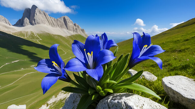 Trumpet gentian, flower that grows in the mountains in the Apennines. Gran Sasso Italy.