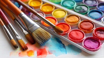 Fototapeta premium Artistic Watercolor Paint Set with Brushes and Vibrant Colors.