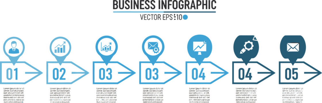 Business timeline infographic template vector with step arrows data charts and workflow elements for corporate presentation design