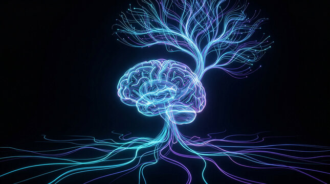 Futuristic Digital Brain Evolving into a Radiant Neural Tree, Symbolizing Intellectual Growth, Artificial Intelligence, and the Intricate Interconnectedness of Modern Thought