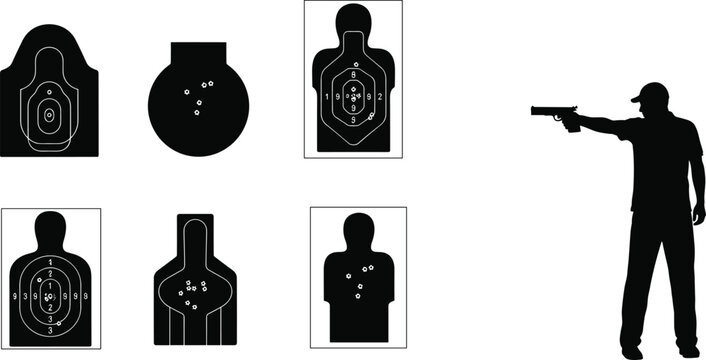Shooting target silhouettes set with human torso shapes and armed shooter figure for training, practice, and security concept illustration