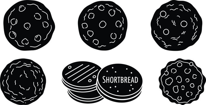 Shortbread cookies set with round biscuit variations textured baked dessert snack sweet pastry black silhouette vector illustration