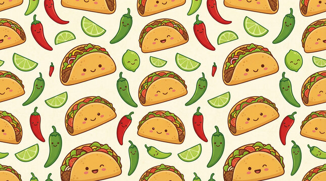 Cute taco pattern with chili peppers and lime slices, mexican food illustration, street food seamless pattern