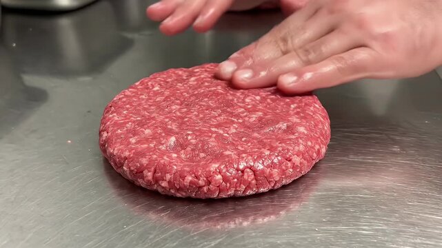 Hands shaping a ball of raw ground beef for burger