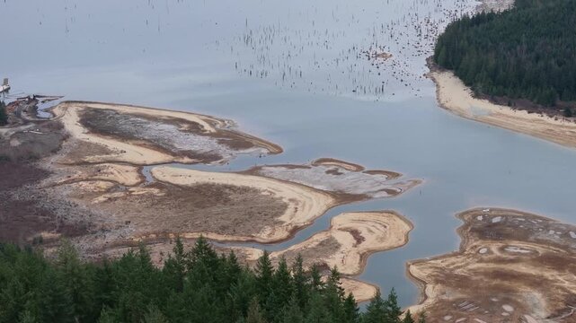 Low Water Levels Reveal Exposed Land and Dead Trees in British Columbia Reservoir, Highlighting Climate Change Impact