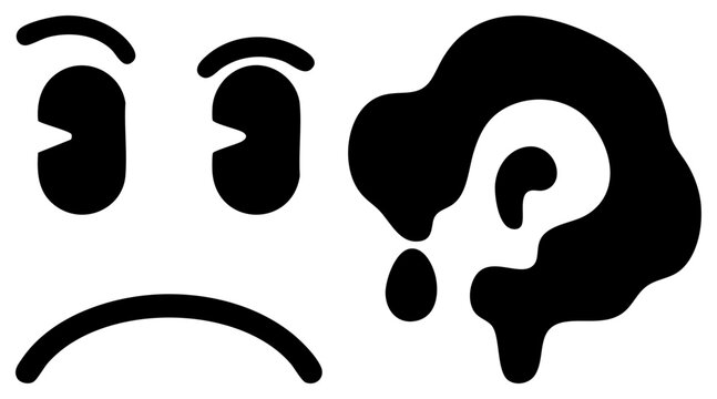 Frowning emoji with downturned mouth and teardrop, question mark dripping from head, digital, confused sadness, vector illustration.