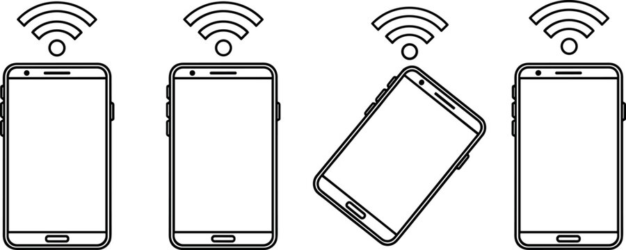 Black silhouette vector illustration of smartphones with wireless signals, mobile communication artwork, connectivity design element, technology symbol icon