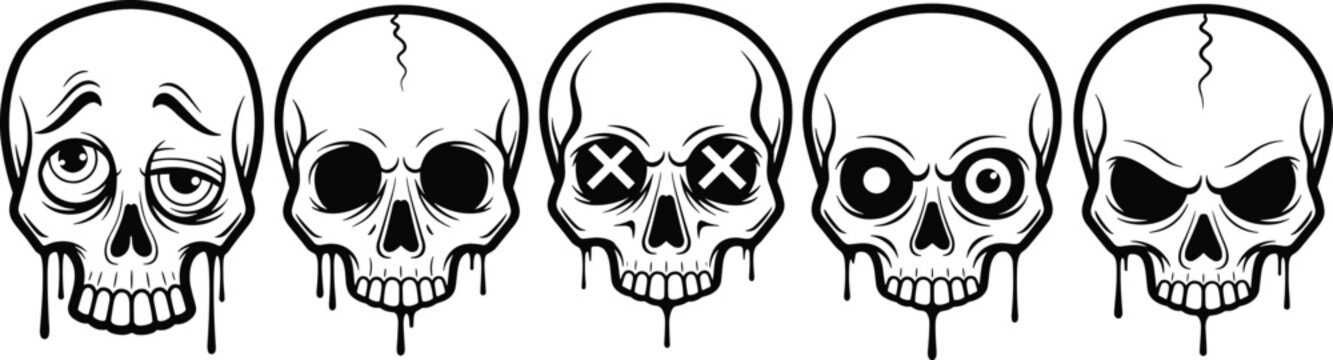 Skull head character set with dripping liquid effect featuring various emotions and expressions in a bold black and white line art vector style