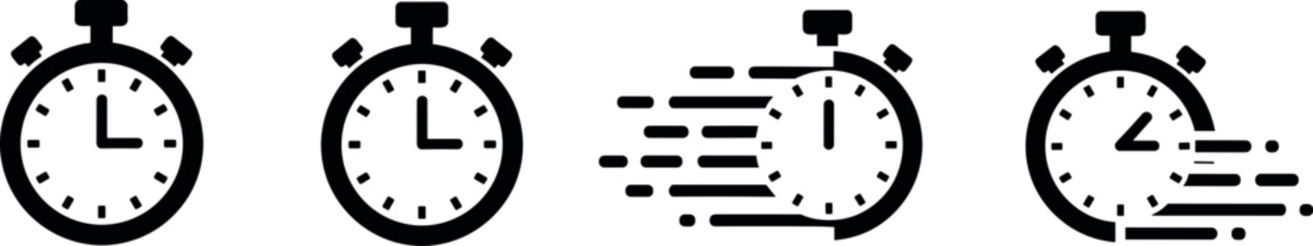  Black silhouette vector illustration of stopwatch icons with motion blur, speed progression artwork, time management design element, urgency symbol