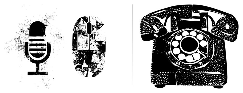 Bold black vector retro tech mic, mouse, rotary phone with halftone & grain. Analog/digital comms unified in graphic design.