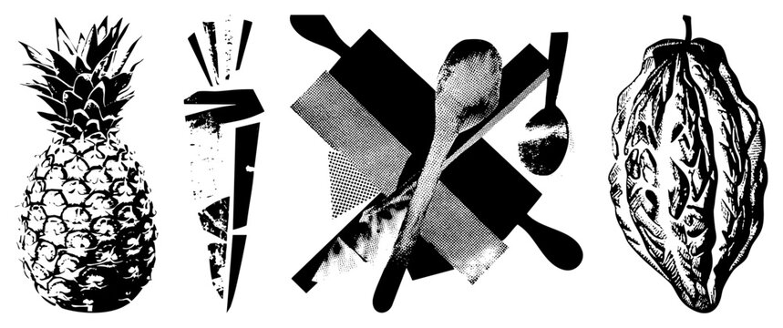 , carrot, cocoa pod, and kitchen utensils rendered in bold black and white halftone, graphic vector art, isolated food, stylized culinary elements.