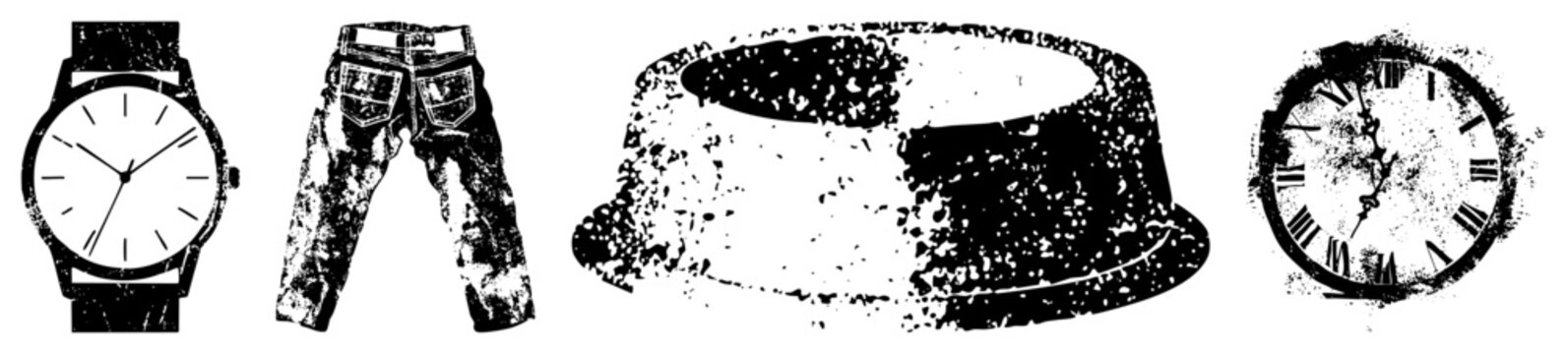 distressed wristwatch, denim jeans, cake, analog clock. Graphic symbols with gritty texture, flat vector design, isolated elements.