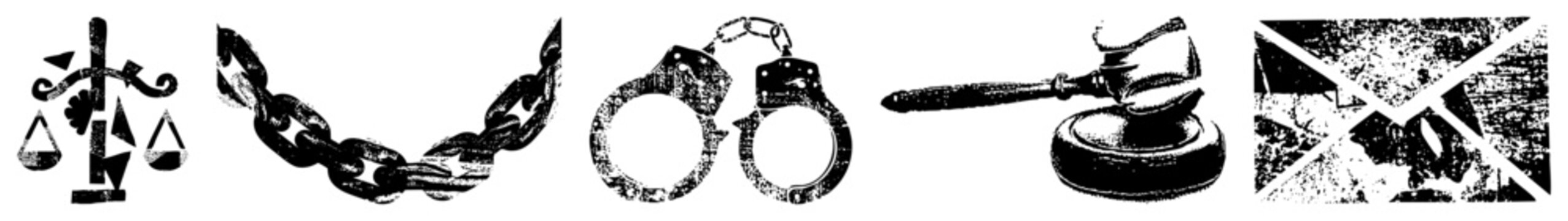 Justice scales, prison chain, handcuffs, gavel, law enforcement symbol, legal system, courtroom.