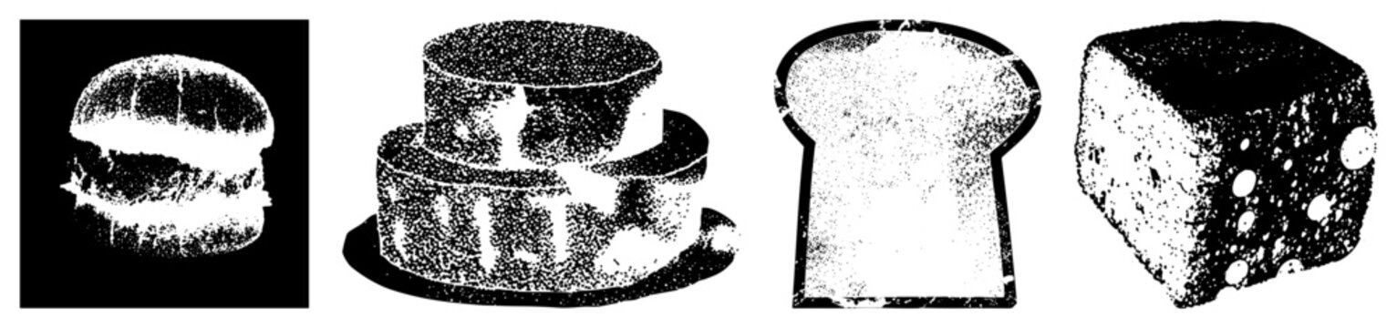 Vector food burger, stacked cheese wheels, sliced bread, cheese cube all in halftone dot texture, isolated on transparent background.