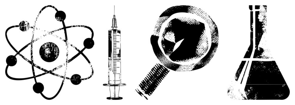 Vector representing science atomic structure, medical injection, magnification tool, lab glassware. Used for education, research, and medical illustration.