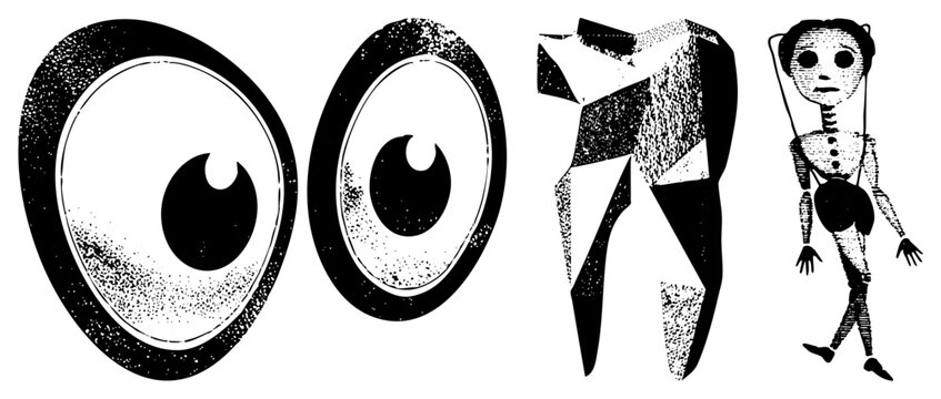 Two expressive cartoon eyes with halftone texture, abstract angular shape, vintage puppet character, black and white vector design, graphic illustration elements.