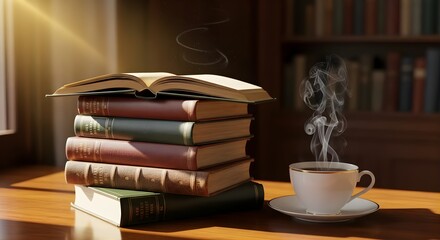 Naklejka premium Cozy library scene celebrates Tea Day with steaming cup beside a stack of old books on a wooden desk near a sunlit window.
