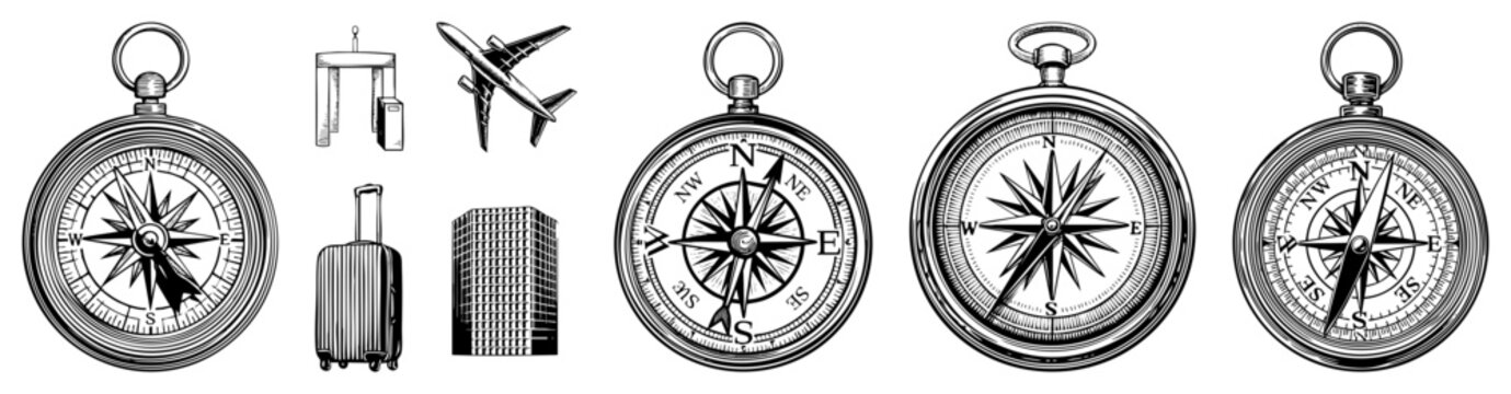 Classic pocket compasses pointing directions, travel including suitcase, airplane, skyscraper, navigation tools for, adventure gear, wanderlust symbols.