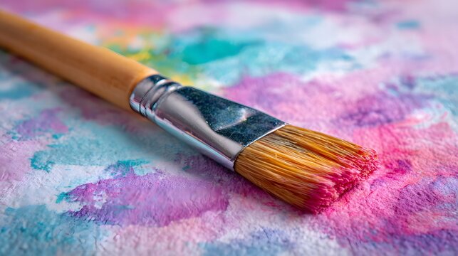 Close-up of a paintbrush with pink paint on its bristles resting on a colorful watercolor background.