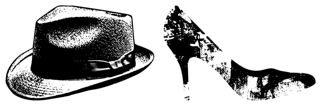 Classic fedora hat with band and high heel shoe in gritty halftone style, fashion, retro silhouette, graphic, vintage chic, noir aesthetic.
