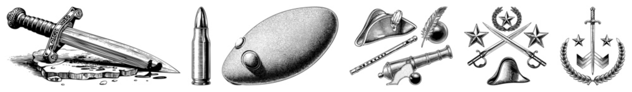 Historical combat insignia, sword and bullet motifs, cannon and hat emblems, designs, war symbols, military, engraved vector graphics.