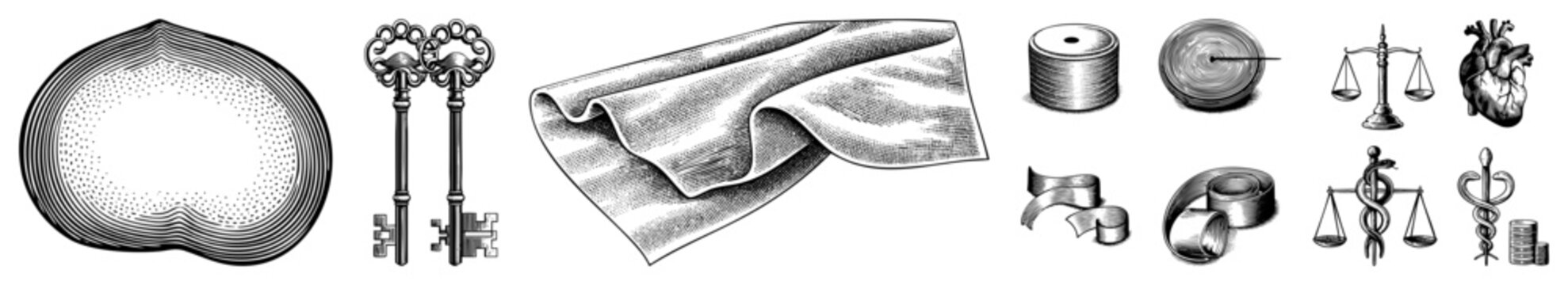 Ornate antique keys, anatomical heart, justice scales, draped fabric, spools, medical caduceus rendered in detailed halftone vector style,, classic engraving aesthetic.