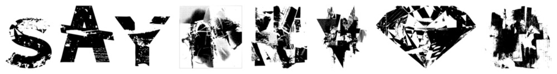 Obraz premium Fragmented letterforms with distressed texture, abstract geometric, glitch art style, typographic collage, urban art, black and white vector design.