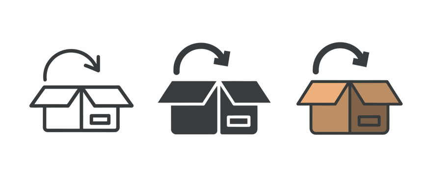 Open cardboard box with return arrow icon set representing product return policy, order exchange, and e-commerce logistics vector