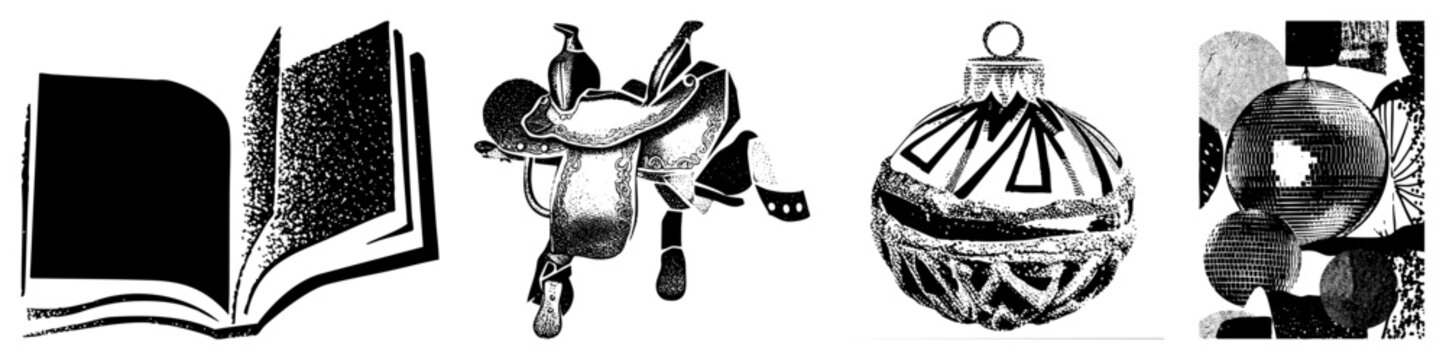 Four halftone vector open book, western saddle, Christmas ornament, geometric spheres. Isolated for design use.