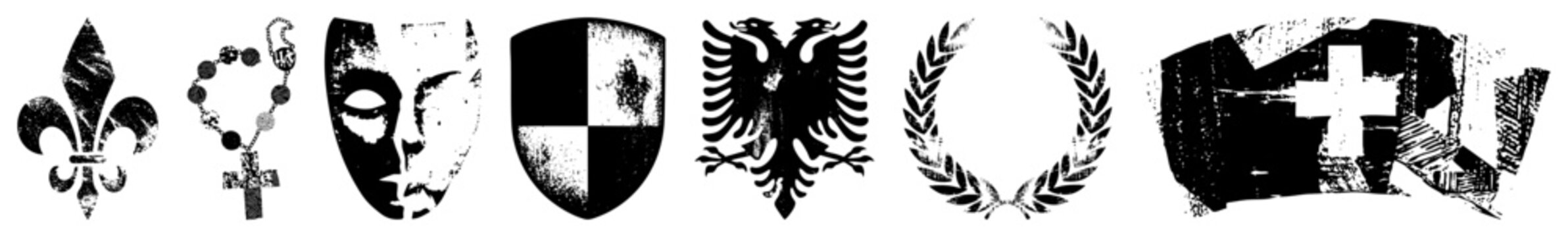 Historical including fleur de lis, rosary, mask, shield, eagle, laurel wreath, and emblem, vector set, symbolic insignia.