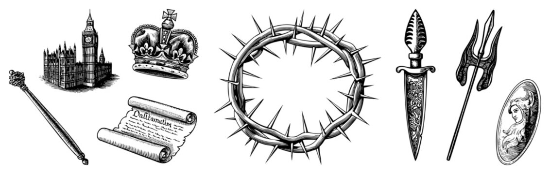 Monarch crown, crown, scepter, ancient scroll, ornate dagger, trident weapon, classical cameo, engraved symbols, historical emblems.