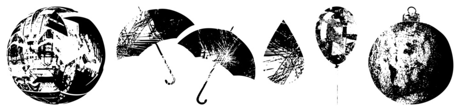 Cracked sphere, broken umbrellas, teardrop, balloon, ornament stylized with halftone grain, vector shapes, graphic design elements.
