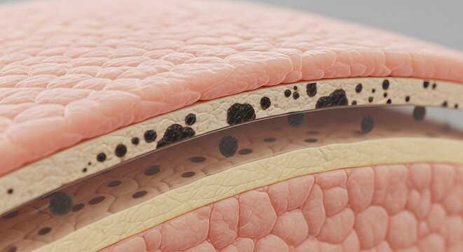 A detailed 3d medical illustration showing the microscopic layers of human skin with pigmentation