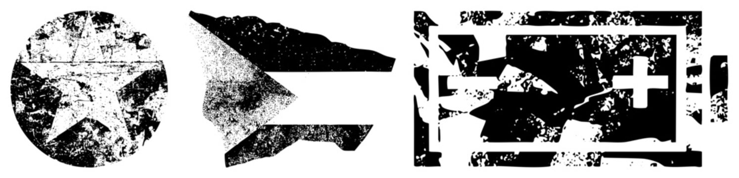 Worn star emblem, torn flag design, weathered first aid symbol, distressed graphics, vintage, gritty emblem set.